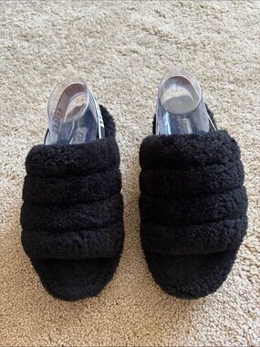 UGG Black Sherpa Open Toe Slide Slippers with Signature Elastic Slingback Strap